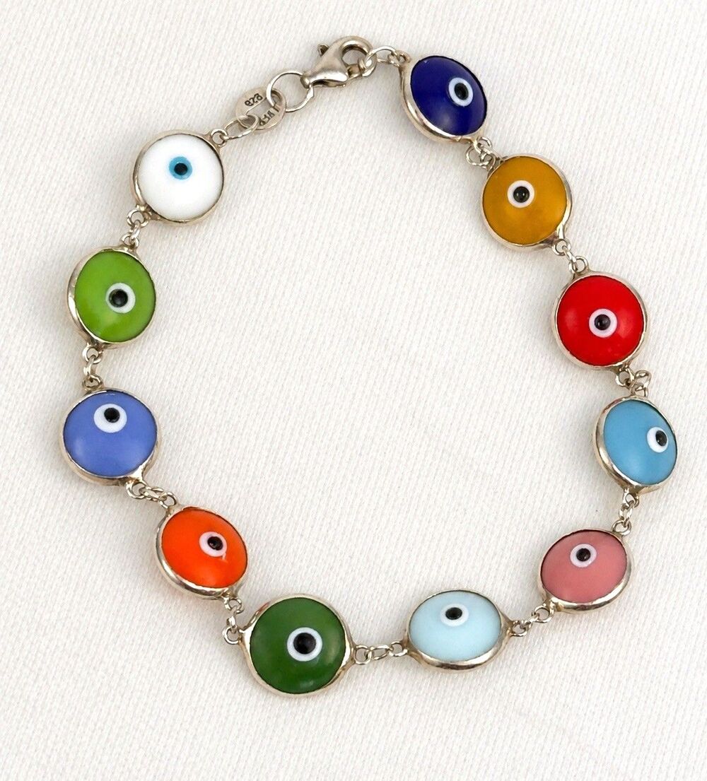 925 Sterling Silver Multicolor Evil Eye Bracelet 7.5in Nazar Protection 7.51g